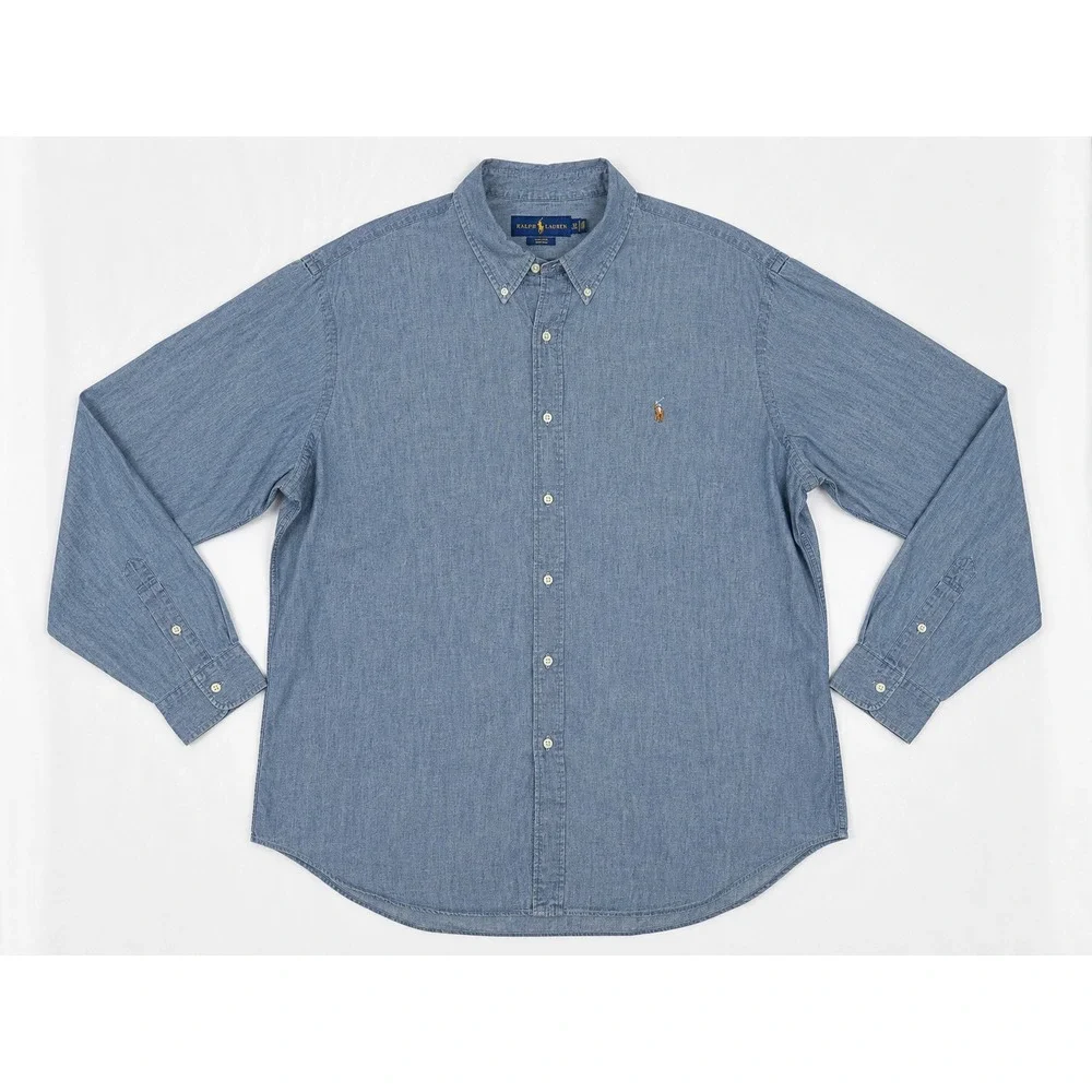 Ralph Lauren Men's XXL Blue Chambray Shirt Pony Logo Button Down Long Sleeve